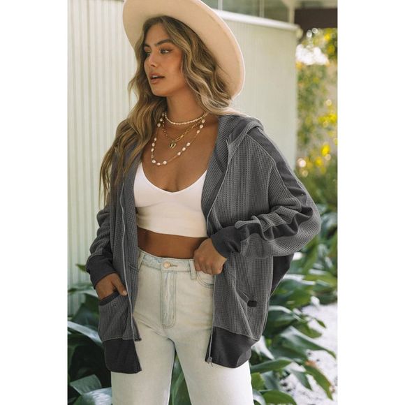 Azura Exchange  Gray Thermal Waffle Knit Full Zipper Hooded Jacket - Picture 3 of 6